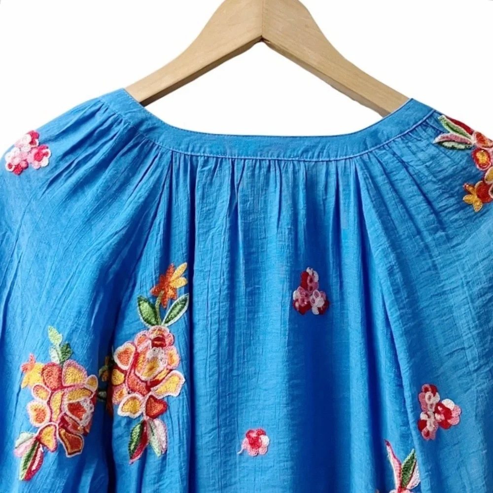 Figueroa & Flower Womens Embroidered Blouse SIZE Large Blue Balloon Sleeves NEW - Picture 7 of 14